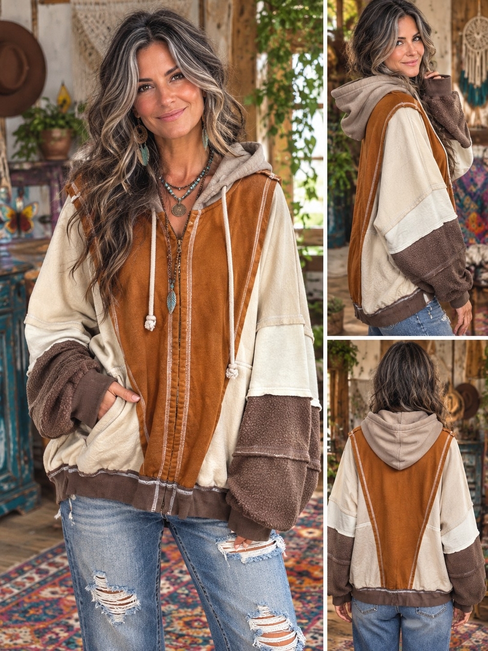 Impressions Colorblock Hooded Zip-Up Jacket - Brown & Cream